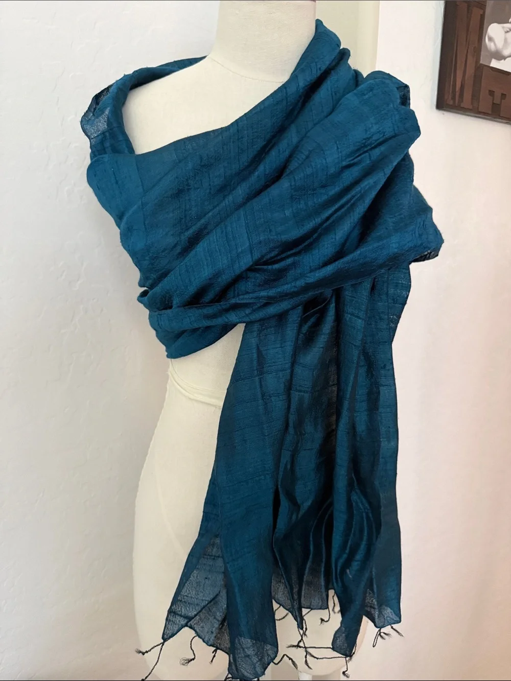 Raw Silk Blue Teal Lightweight Wrap Scarf - Versatile Women’s Accessory